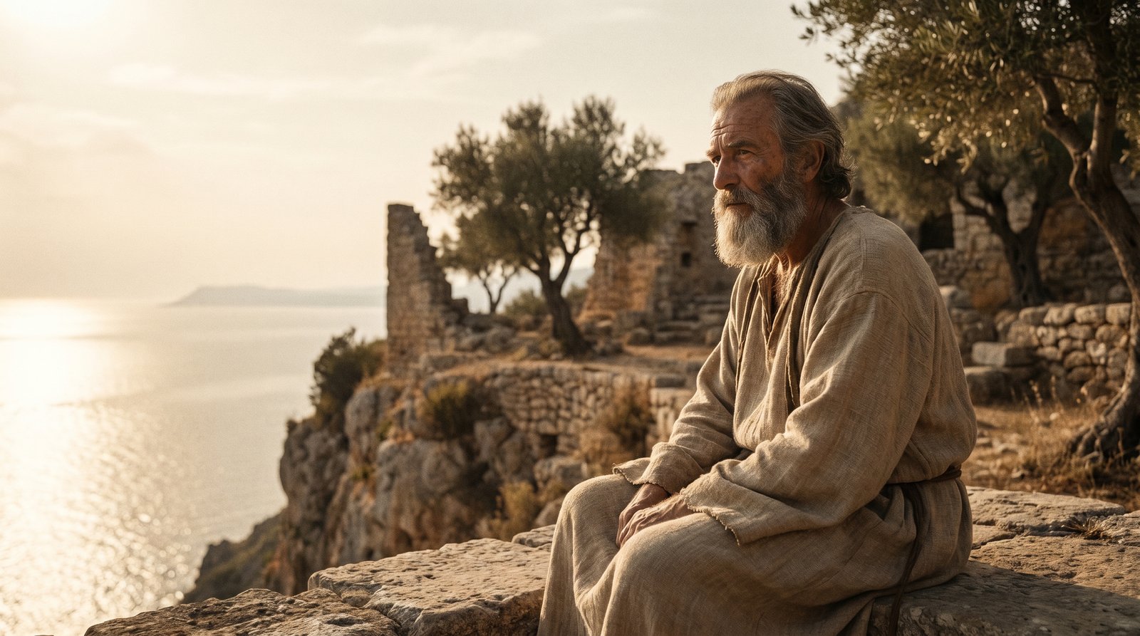 A Stoic philosopher seated on stone above the Mediterranean at golden hour, contemplating premeditatio malorum.