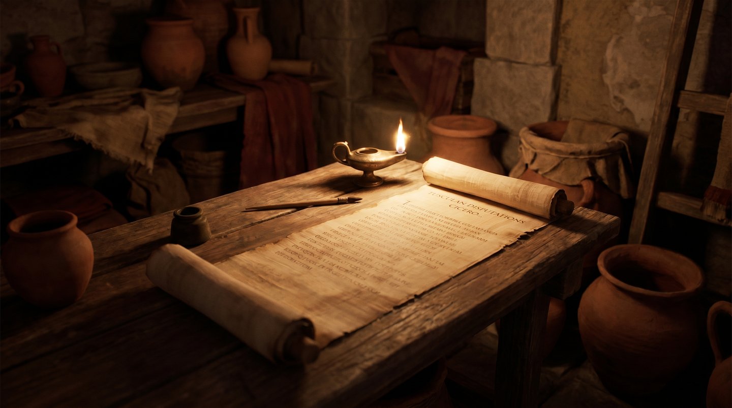 Ancient papyrus scroll and oil lamp on a Roman writing desk, evoking Cicero's Tusculan Disputations.