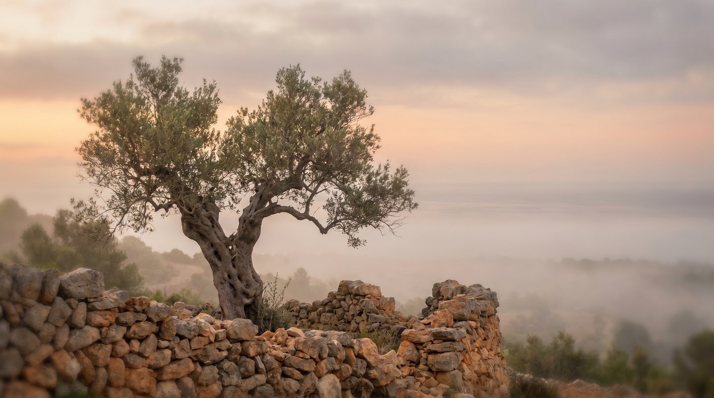 A single olive tree on a hillside at dawn, an image of bounded calm.