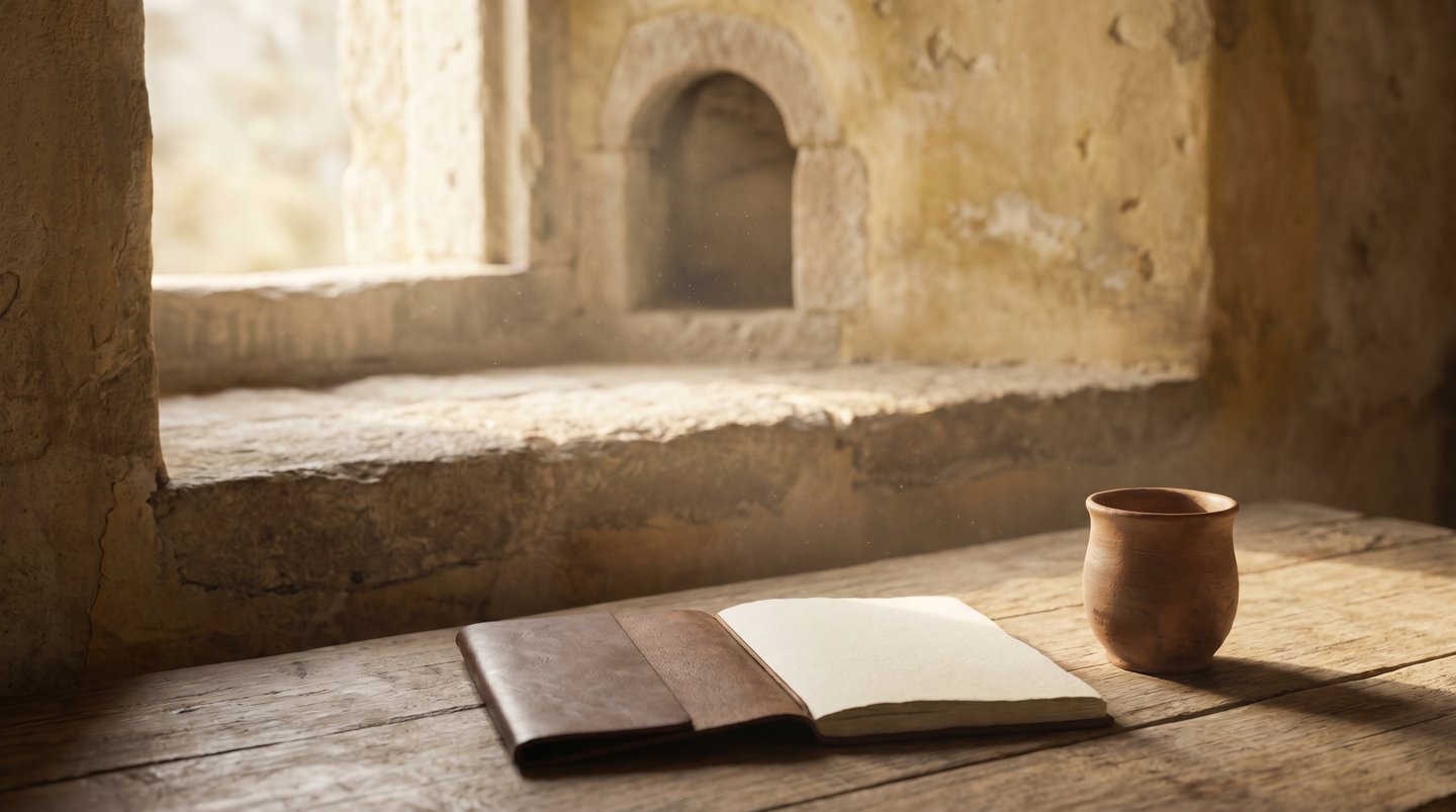 Morning light on a wooden table with an open notebook, the setting for a Stoic morning practice.